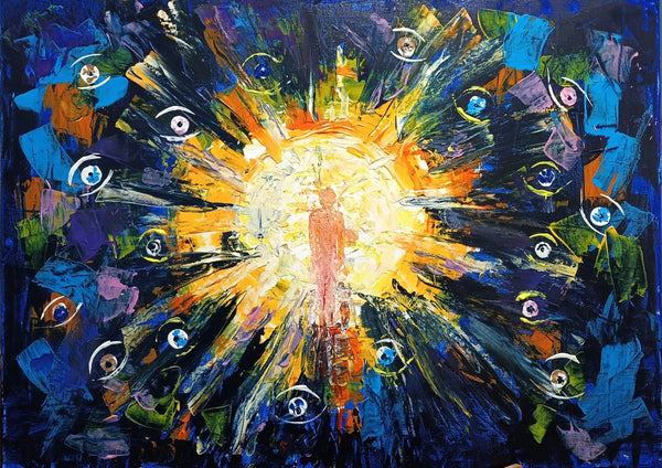 Damit wir uns sehen · So That We May See Ourselves by ELIZA Leopold - lone figure in a burst of yellow light surrounded by floating eyes on deep blue