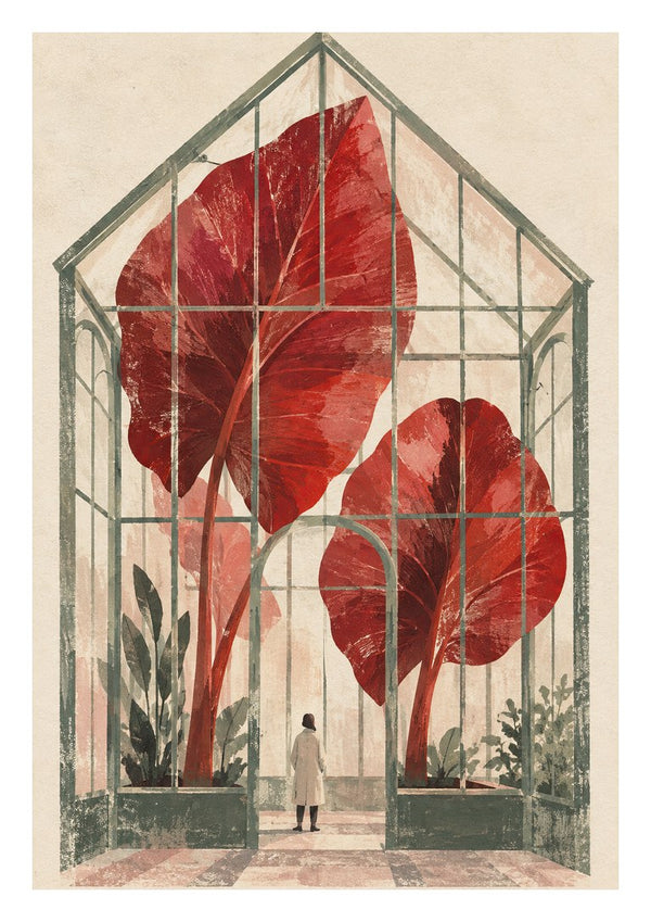 The Red Conservatory by Matthews Gallerie - two giant red leaves filling a green-framed glasshouse