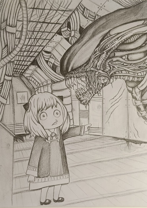 Alien X Anya by CarolineV - a wide-eyed girl and a long-headed alien in a ship corridor, drawn in pencil