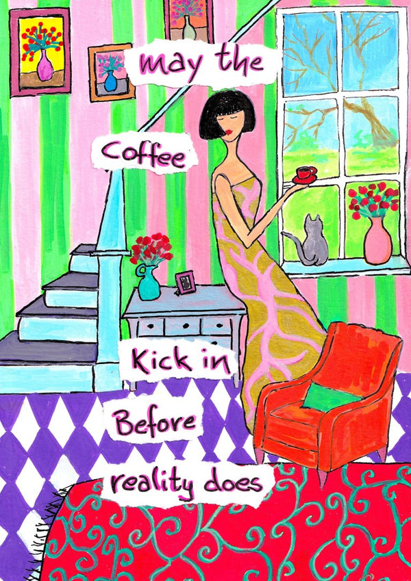 May the Coffee Kick In by Camilla Nilsson - a woman with a cup of coffee in a striped room