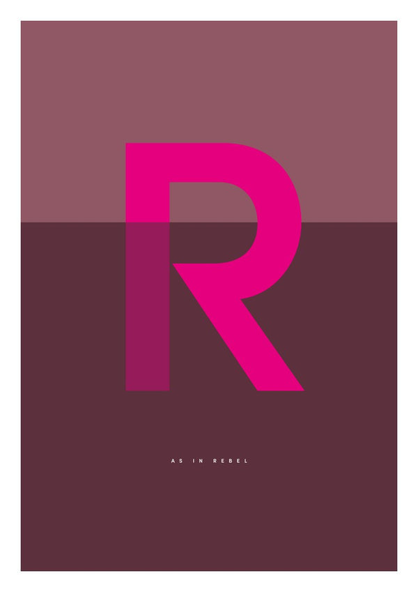 R as in Rebel – Cerise by Quite Nice Prints - a cerise capital R on mauve and deep plum