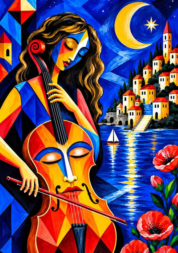 Melody of the Blue Night by Andreas Gerlach - a woman playing a cello under a crescent moon by the sea