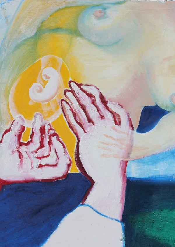 Between the Hands by António D'Albuquerque - a foetus in a golden disc held between two open hands