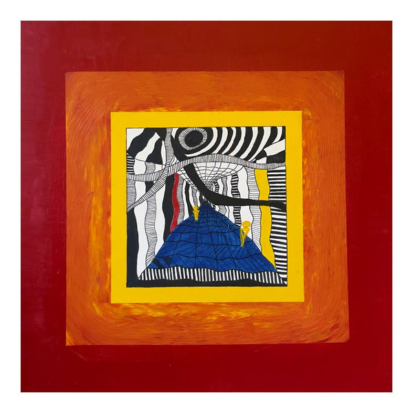 Hypnagogic state by Linor Citaku - a black and white line drawing framed in red, orange and yellow