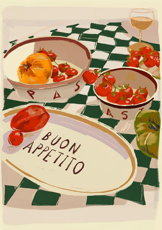 Buon Appetito by ThingDesign - an Italian table of tomatoes and wine on a green checked cloth