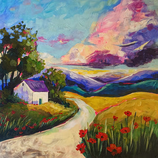 A Place to Return To by Evgenia Smirnova - a white house and red poppies along a winding road