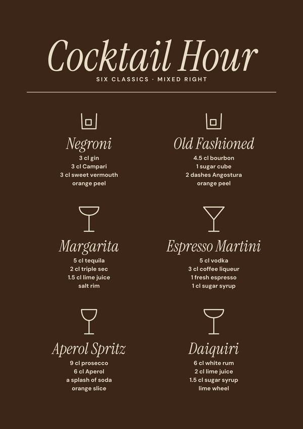 Cocktail Hour by ARTSY FARTSY, cocktail recipe poster in cream on coffee brown