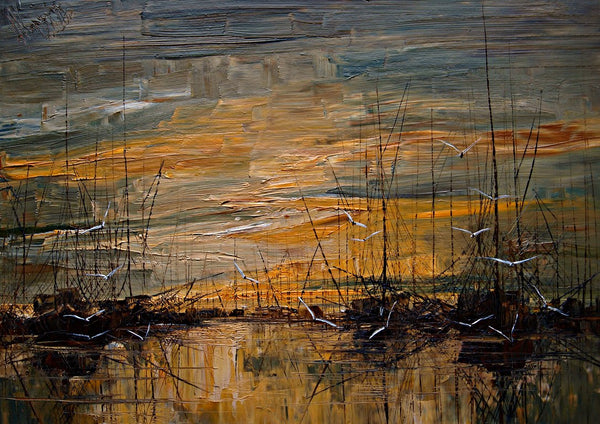 Harbour at Dusk by Justyna Kopania - boats and thin masts in bands of brown, ochre and grey