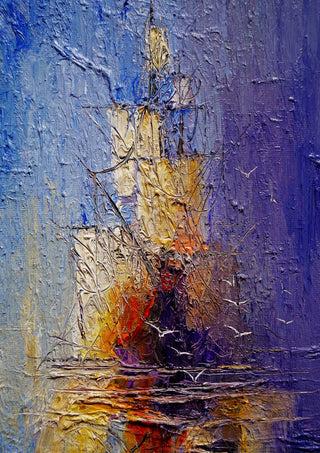 Ships in Violet and Gold by Justyna Kopania - masted ships with yellow sails on a violet ground