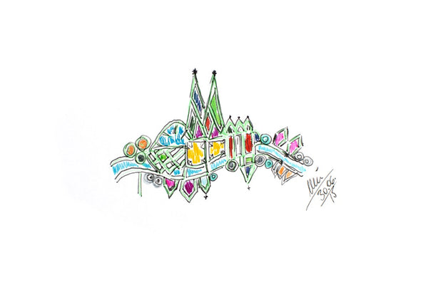 Köln II by ullimcart - a light city panorama with green cathedral spires and a bridge on white paper