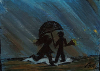 Per Elisa by PeKo - two black silhouettes under one umbrella in slanting blue rain