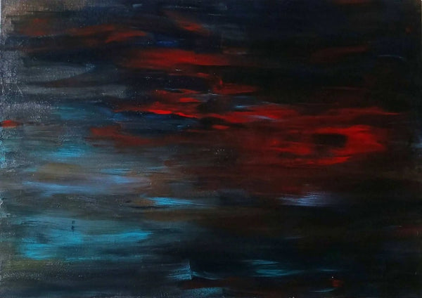 A man's frustration by PeKo - a wide band of deep red glowing through dark teal and navy
