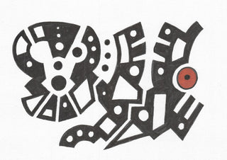 Black and White Glyphs by John Larkin - heavy black shapes with white cut-outs and one dark red disc