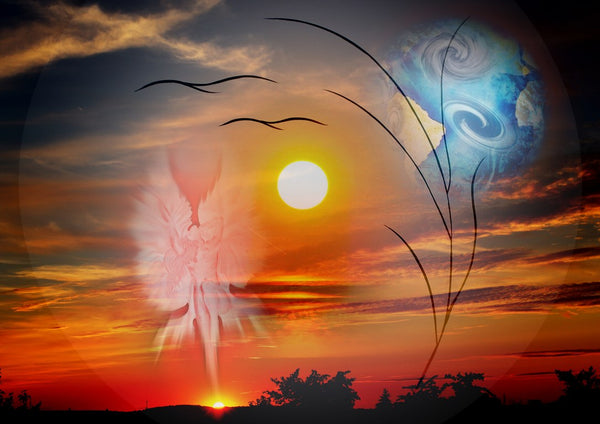 Sunrise Angel by Walter Zettl - a winged figure of light rising from an orange and red sunrise