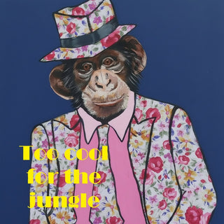 Too cool for the jungle! by creatievananne - a chimpanzee in a floral suit and hat on deep blue