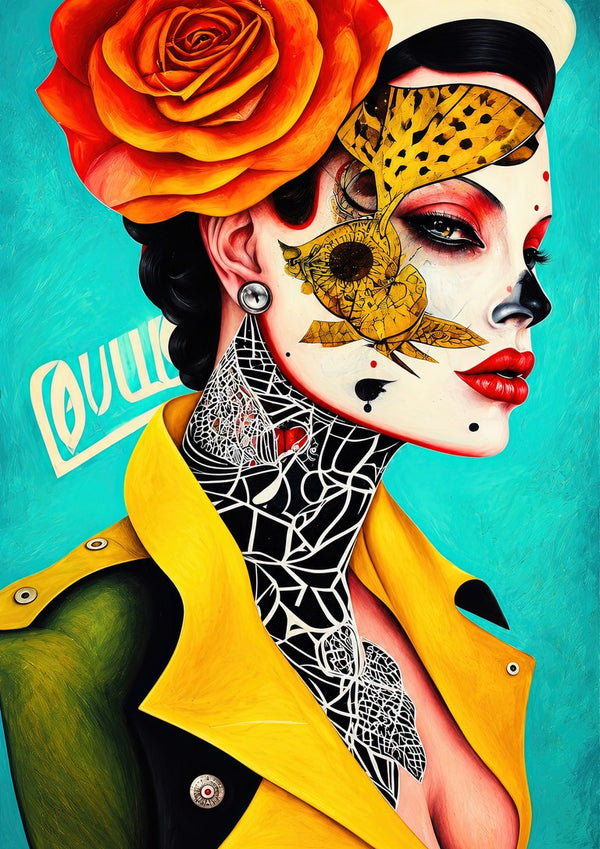 Lace and Leopard by Tara Green - a woman with an orange rose, a gold mask and white lace lines on turquoise