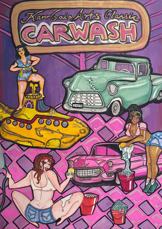 Carwash by KaroGaiaArt - three women washing cars under a carwash sign in pink and purple