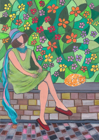 The Garden Wall by Camilla Nilsson - a woman and a ginger cat on a brick wall before a flowered hedge
