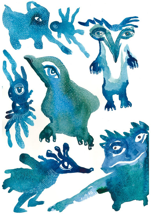 Creatures by Lena Galé - seven invented blue and green animals with large eyes