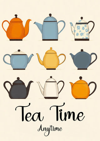Tea Time Anytime by Annika Persson - nine colourful teapots in rows above hand-lettered type