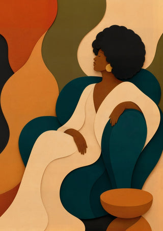 Seventies Lounge by ArtySjak - a woman in a cream robe reclining in teal cut-paper shapes