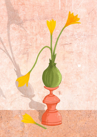 Crocus on pedestal by Creationsbyeditabrus - yellow crocuses in a green bulb on a coral pedestal