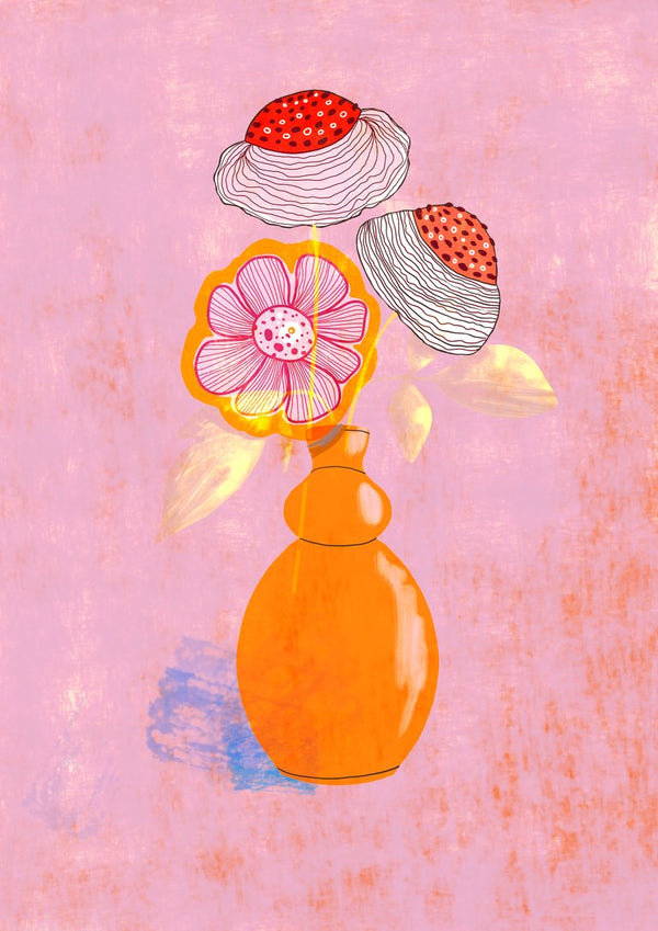 Flowers in an Orange Vase by Creationsbyeditabrus - three flowers in an orange vase on pink