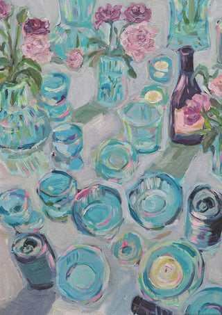 Garden Summer Party by DNF - turquoise plates, glasses and pink flowers on a pale grey table