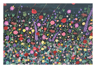Corfe House by Rebecca Wright - a crowded meadow of red and pink flowers against a deep teal green sky