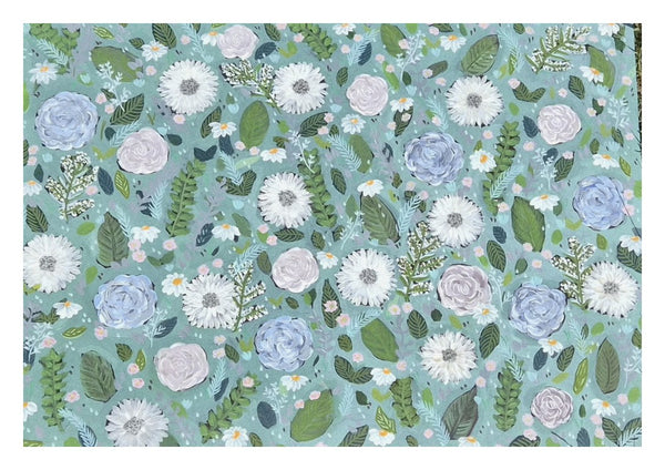Sage Winter by Rebecca Wright - white and pale blue flowers spread across a soft sage green ground