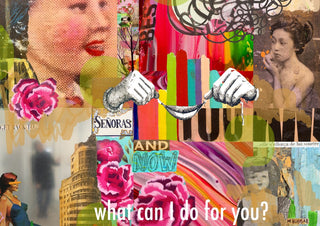 What can I do for you? by María Burgaz - a halftone face, pink roses and two hands pulling a wishbone