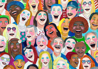 Can´t stop laughing by María Burgaz - a dense crowd of laughing faces in bright colours