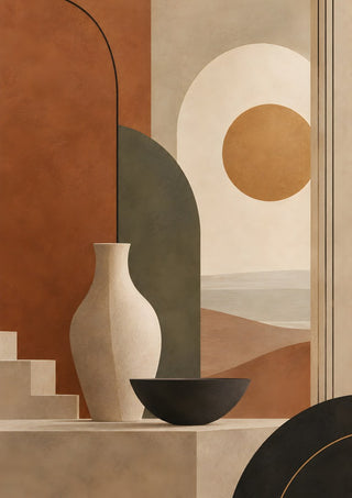 Earth Tones and Minimalist Shapes by TimlessArtworks - a cream vase and black bowl on grey steps