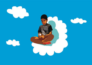 The kid on the cloud by Massimo Frascogna - a boy sitting on a white cloud with his phone in a blue sky