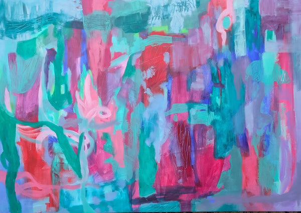 Transitions by Janet Bell - blocks of turquoise and aqua crossed by hot pink and magenta