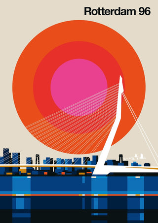Rotterdam 96 by Bo Lundberg - the white pylon of the Erasmus Bridge against concentric orange, red and magenta circles