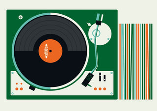 Record Player by Bo Lundberg - a turntable in dark green with a black record and an orange label