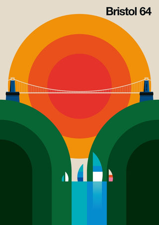 Bristol 64 by Bo Lundberg - the Clifton Suspension Bridge over green hills with concentric orange and red circles