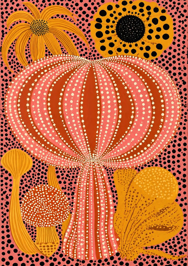 Pink Dotted Pumpkin by Yokohama - a ribbed coral pumpkin in rows of cream dots on a pink dotted ground