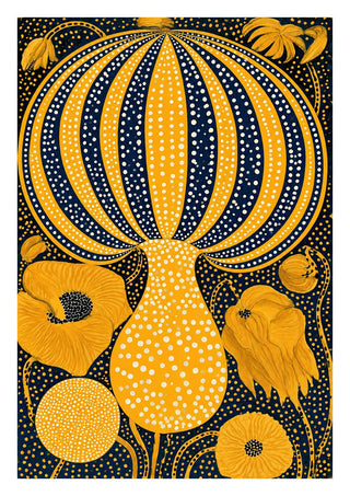 Yellow Dotted Pumpkin by Yokohama - a ribbed yellow pumpkin in white dots against deep navy