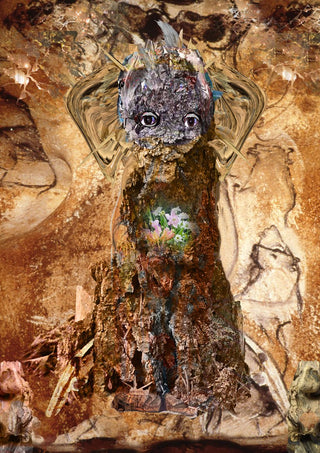 Tiden der var by Henrik Kock - a figure of bark and lichen with wide dark eyes and pink flowers at its chest
