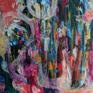 All Roads Lead Home by Janet Bell - a layered abstract in teal, magenta and ochre
