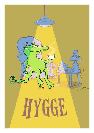 Hygge Crocodile - Yellow by Elisa Albanelli - a crocodile with a cup of tea in an armchair in olive and ochre