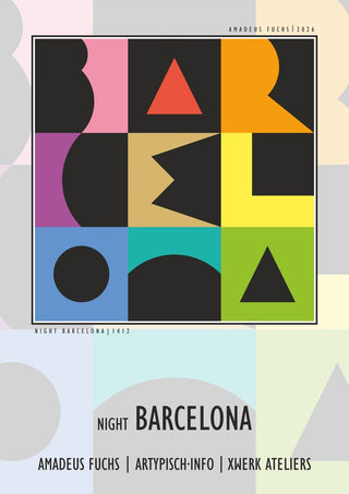 Night Barcelona - Term Signal by Amadeus Fuchs - the city name built from black geometric letters on a colour grid