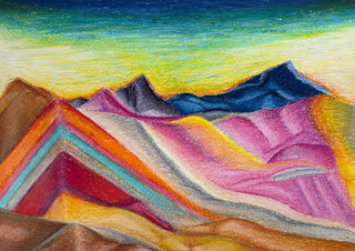 Mountains by Emil Walli - striped pink, orange and blue mountain ridges under a green-blue sky