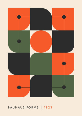 Bauhaus Forms 1923 by Neil Stevens - orange, olive and black quarter circles linked by thin lines