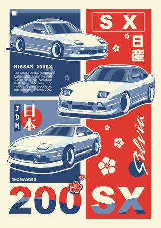 Nissan 200SX by Kaminarirace - three coupes on a cream and red JDM poster with Japanese lettering