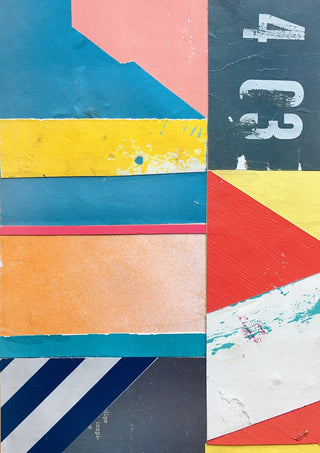 403 by Kareem Rizk - stacked bands and triangles of blue, yellow, pink and red with stencilled lettering