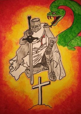 Sieg im Licht by Olaf Baier - a kneeling knight with a sword, a green serpent and a white cross