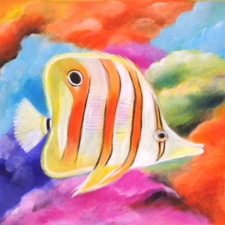 Happy Fish by Sunny - a striped butterflyfish in swirls of red, magenta, blue and green